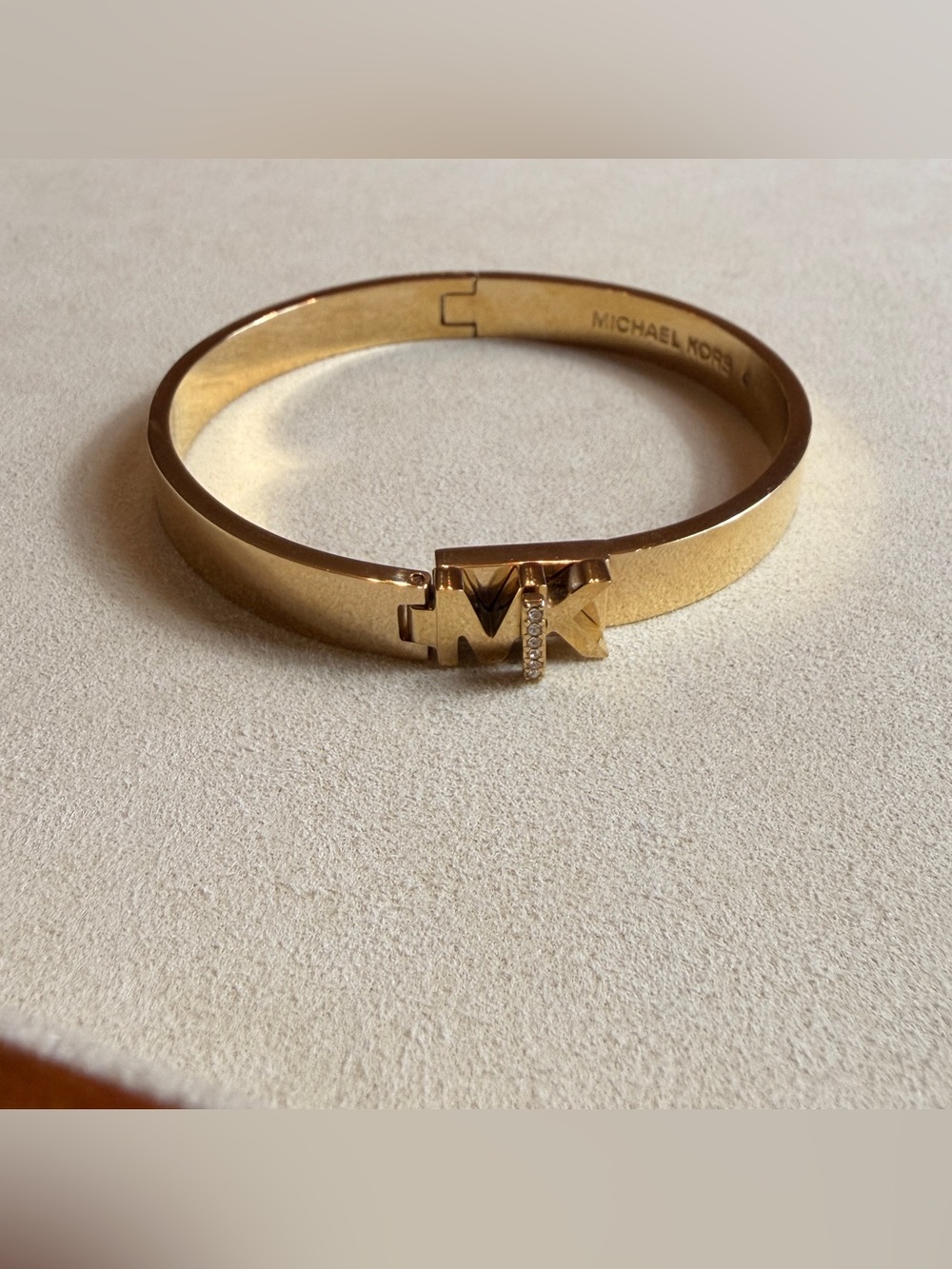 Michael Kors Gold Tone Steel MK Logo Pavé Crystal Hinged Bangle Bracelet